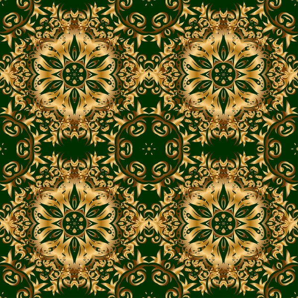 Gouden Ornament Naadloos Patroon Gouden Vector Print Groene Achtergrond Voor — Stockvector