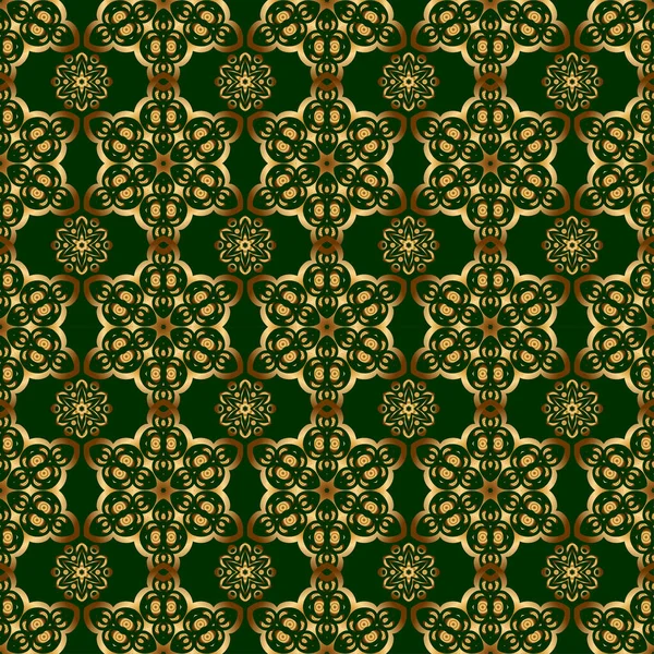 Ornamento Vintage Verde Dourado Padrão Sem Costura Para Impressão Têxteis — Vetor de Stock