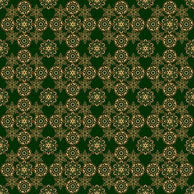 Yeşil ve altın rengi bir süs. Tekstil ya da kağıda yazdırmak için kusursuz desen.