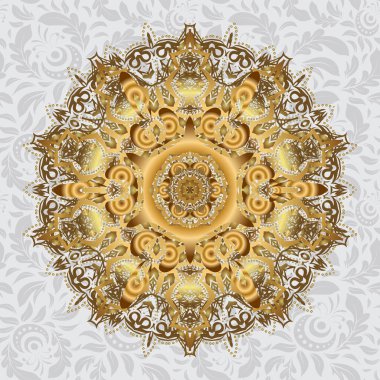 Gri arka planda elle çizilmiş altın mandala. Vektör soyut deseni.