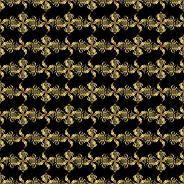 Siyah ve altın rengi bir süs. Tekstil ya da kağıda yazdırmak için kusursuz desen.