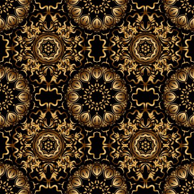 Siyah ve altın rengi bir süs. Tekstil ya da kağıda yazdırmak için kusursuz desen.