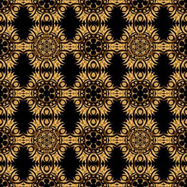 Siyah ve altın rengi bir süs. Tekstil ya da kağıda yazdırmak için kusursuz desen.