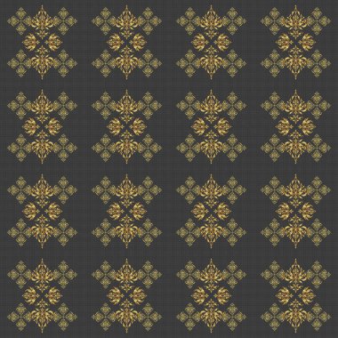 Siyah ve altın rengi bir süs. Tekstil ya da kağıda yazdırmak için kusursuz desen.