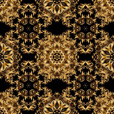 Siyah ve altın rengi bir süs. Tekstil ya da kağıda yazdırmak için kusursuz desen.