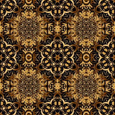 Siyah ve altın rengi bir süs. Tekstil ya da kağıda yazdırmak için kusursuz desen.