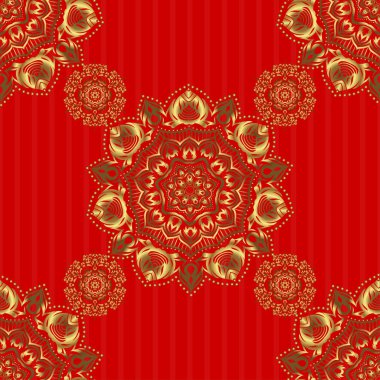 Kırmızı ve altın renkli süsler. Tekstil ya da kağıda yazdırmak için kusursuz desen.