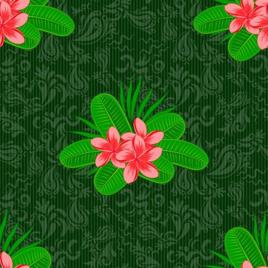 Vektör çizimi. Plumeria çiçekleri kusursuz bir arka plan. Yeşil arka planda soyut, sevimli çiçek deseni..