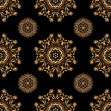 Siyah ve altın rengi bir süs. Tekstil ya da kağıda yazdırmak için kusursuz desen.