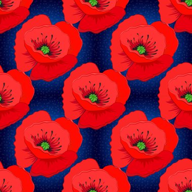 Vektör çizimi. Dekoratif gelincik çiçekleri ile mavi, siyah ve kırmızı renklerde etnik desensiz desenler.