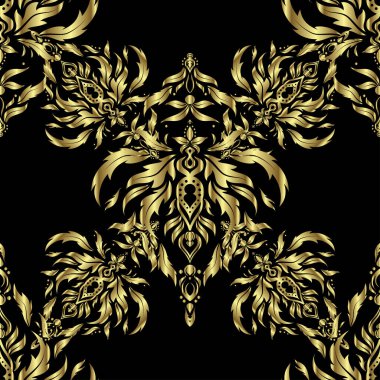 Siyah bir arkaplanda vektörsüz desen. Siyah ve altın renkli klasik tasarım. Damask zarif duvar kağıdı.