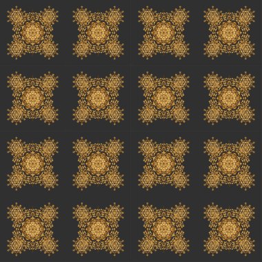 Gri arka planda klasik dekoratif süs. Doğu, İslam, Hintli, motif, canlanma. Altın mandala desenli, Arap kökenli. Etnik doku. Doğu, simetri danteli, kumaş, duvar kağıdı.