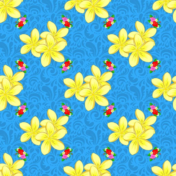 Padrão Floral Sem Costura Fundo Azul Vetor Plumeria Flores Padrão — Vetor de Stock