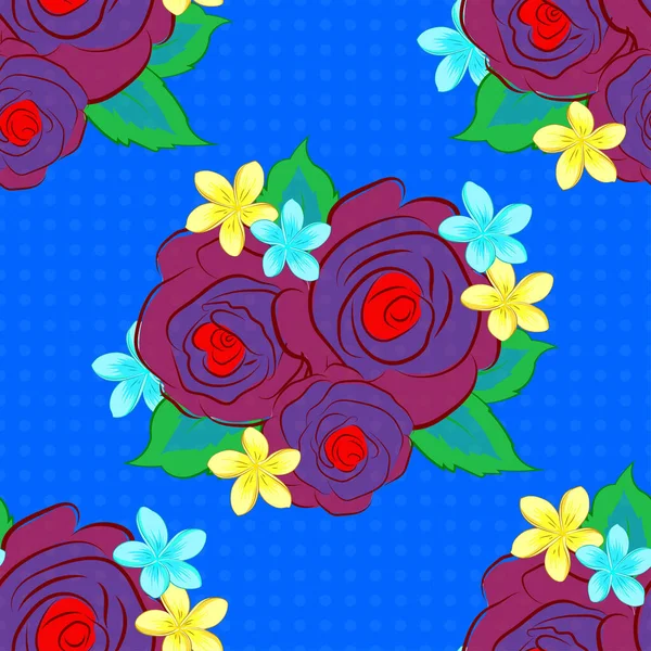Aquarell Orange Rosa Und Blaue Rosen Mit Grünen Blättern Mit — Stockvektor