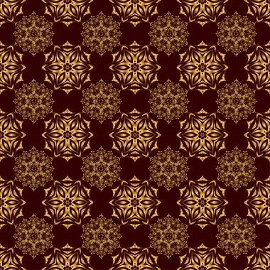 Zengin kartı karşılamak için kullanılabilir. Kahverengi arka planda vektör altın süs. Kahverengi arka planda altın elementlerle desen. Klasik dikişsiz doku.