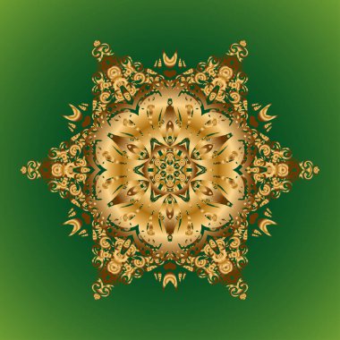 Etnik doku. Düğün, tatil kartı. Orient, simetri danteli, kumaş. Doğu, İslam, Hintli, motifler. Vintage vektör dekoratif süsü. Altın rengi. Yeşil arkaplanda Arapça mandala deseni.