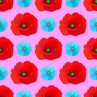 Pembe arka planda dekoratif yaz haşhaş çiçekleriyle kusursuz desen, suluboya vektör çizimi.