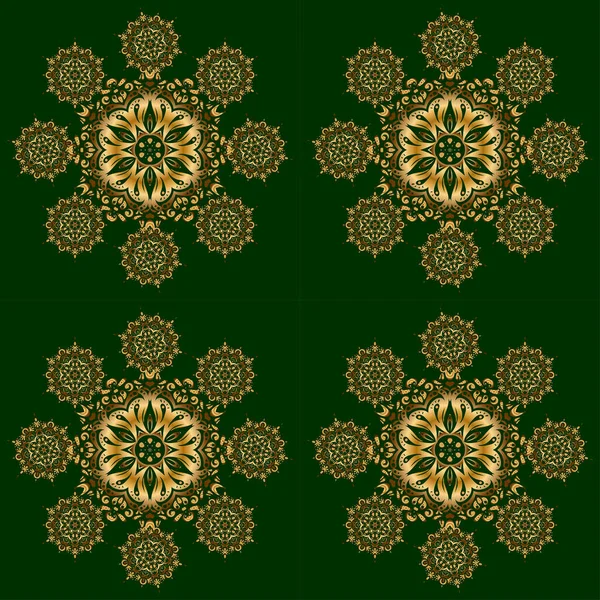 Taylandlı hatlar, yeşil bir zeminde altın desenli. Geleneksel Tayland altın arka planı ve ızgaralı dokusu. Yazdırma, kumaş veya tekstil için altın desenli Tayland ipeği biçimi vektör tasarımı.