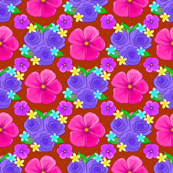 Vektor Nahtloses Hintergrundmuster Mit Stilisierten Rosenblüten Und Grünen Blättern Violetten — Stockvektor