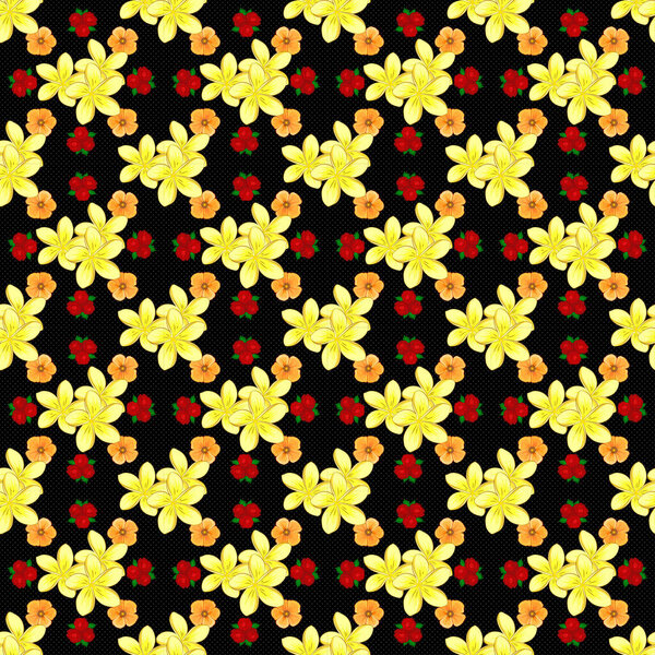 Abstract elegance vector seamless pattern with plumeria flowers in red, black and yellow colors.
