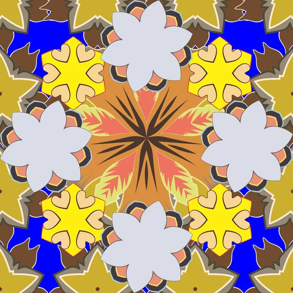 Sarı, turuncu ve gri tekrarlayan elementlerle kusursuz soyut doku. Zarif vektör klasik kusursuz desen. Güzel iz..