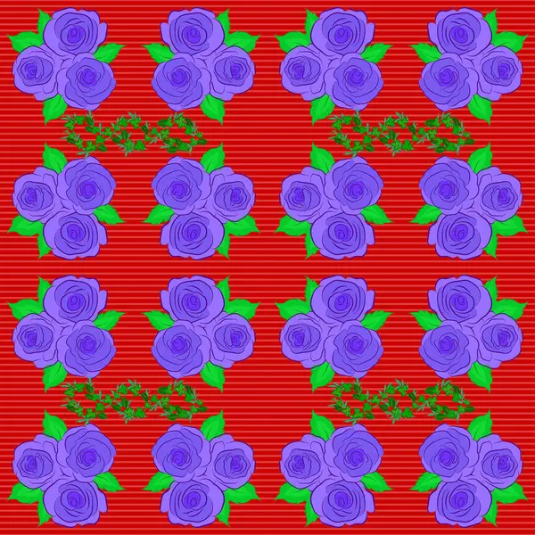 ラスターイラスト 装飾的なバラの花と緑の葉と赤の背景に民族の花シームレスなパターン — ストックベクタ