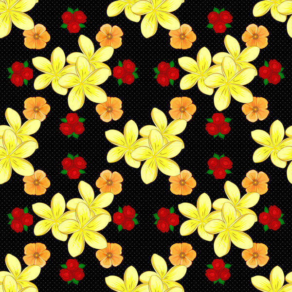 Весенний винтажный цветочный фон. Текстура вектора. Бесшовный узор с симпатичными цветками плюмерии желтого, красного и черного цветов.