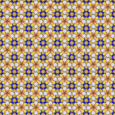 Gri, sarı ve turuncu renkli çiçek motifleri olan soyut zerafet deseni. Raster illüstrasyonu.