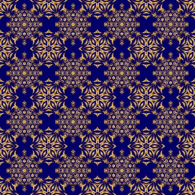 Mavi ve altın renkli süsler. Tekstil ya da kağıda yazdırmak için kusursuz desen.