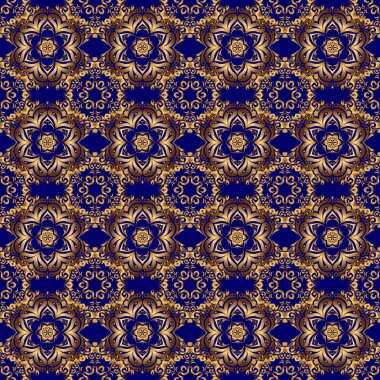 Mavi ve altın renkli süsler. Tekstil ya da kağıda yazdırmak için kusursuz desen.