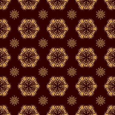 Arabesk kuşakları ve gloden çiçek elementleriyle doğu deseni. Geleneksel klasik süs. Altın ve kahverengi pürüzsüz desen.