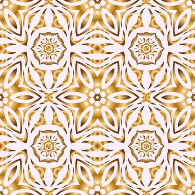 Çiçek kiremitleri. Bej ve altın renkli tekstil baskısı. Kusursuz desenli oryantal süs. İslami vektör tasarımı.