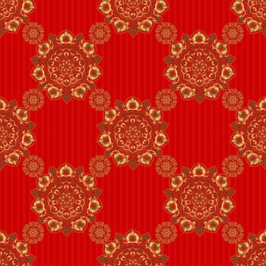 Geometrik tekrarlayan, altıgen şekilli, kırmızı arka planda altın gradyanı olan kusursuz desen. Vektör illüstrasyonu.