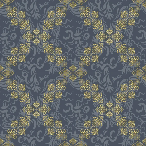 チラシや包装紙のためのパターン 灰色の背景にアラビア風のシームレスなベクトル黄金の装飾 — ストックベクタ