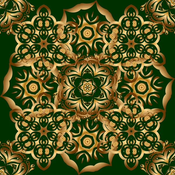 Yeşil Altın Renkli Süsler Tekstil Kağıda Yazdırmak Için Kusursuz Desen — Stok Vektör
