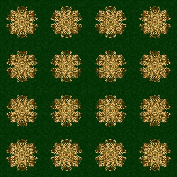 Zielony Złoty Ornament Vintage Płynny Wzór Drukowania Tekstyliach Lub Papierze — Wektor stockowy