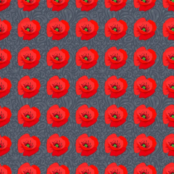 矢量图解 灰色背景下可爱的罂粟花中的无缝花图案 — 图库矢量图片