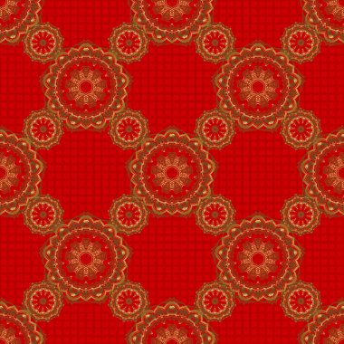 Vektör çizimi. Kırmızı zemin üzerinde stilize dalgalar olan altın süslemenin gösterişsiz deseni.