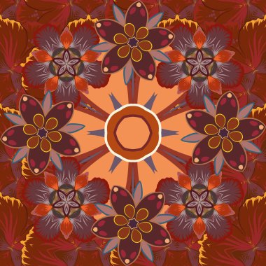 Kahverengi, turuncu ve kırmızı tekrarlayan elementlerle kusursuz soyut doku. Güzel iz. Zarif vektör klasik pürüzsüz desen.