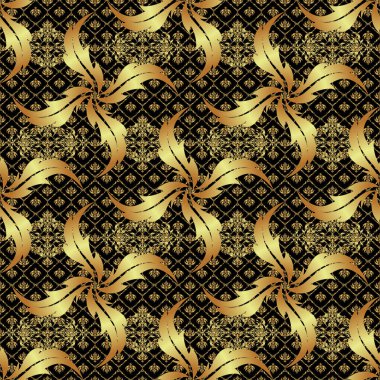 Klasik dikişsiz doku. Zengin kartı karşılamak için kullanılabilir. Siyah arka planda altın elementli desen. Siyah arkaplanda vektör altın süslemesi.