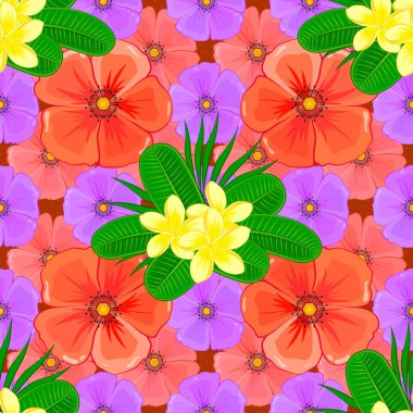 Plumeria çiçekleriyle süslü bir duvar kağıdı. Vektör arkaplanı. Çiçek açan pembemsi çiçekleri ve pembe ve turuncu yaprakları olan desensiz çiçek deseni..