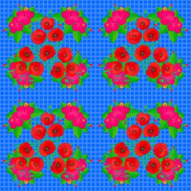 Vektör çizimi. Geleneksel Hint çiçekleri, mavi arka planda karışık gelincik çiçekleri..