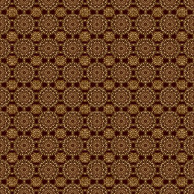 Kahverengi arka planda altın elementler olan soyut klasik kusursuz desen. Klasik çiçek süsü..