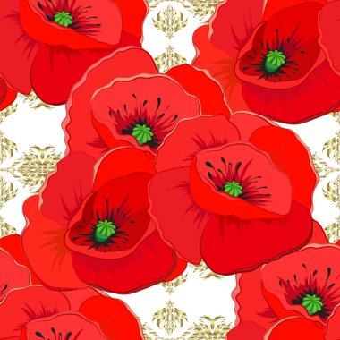 Geleneksel Hintli çiçeksiz desenli, beyaz arka planda gelincik çiçekli. Vektör illüstrasyonu.