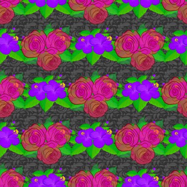 Gül çiçekleri ve gri arka planda yeşil yapraklı kusursuz çiçek deseni.