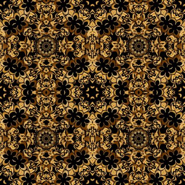 Pırıl pırıl altın şeritlerin kusursuz deseni, zikzak sembolü dalgalı şeritler, siyah üzerine dikişsiz desenli altın çizgiler. Kartlar, davetiyeler, düğün, ambalaj kağıtları için el çizimi vektör deseni.