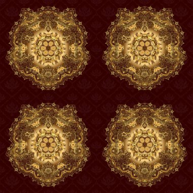 Kahverengi arka planda altın yuvarlak süs deseni. Mandala.