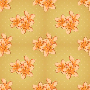 Dekorasyon ve tasarım için güzel bir desen. Plumeria çiçekleriyle klasik tarzda enfes bir desen. Plumeria çiçekleriyle kusursuz desen. Bej, sarı ve turuncu renkli moda baskı.