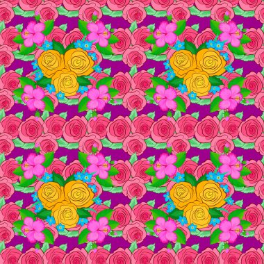 Eski tarz moda baskı. Dekorasyon ve tasarım için güzel bir vektör deseni. Pembe arka planda güller ve yeşil yapraklarla kusursuz bir desen..