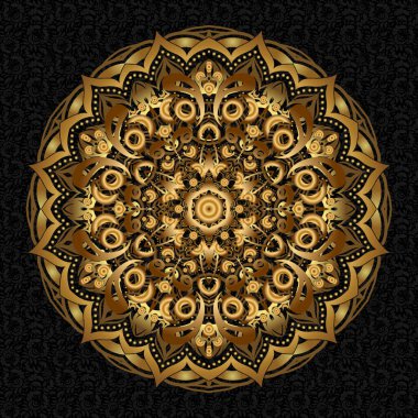 Altın Mandala. Doğulu motifler. Vektör geometrik daire elementleri. Siyah arka planda yuvarlak süs deseni. İslam 'ın, Arapça' nın, Hint dinlerinin ruhani ve ayinsel sembolü..